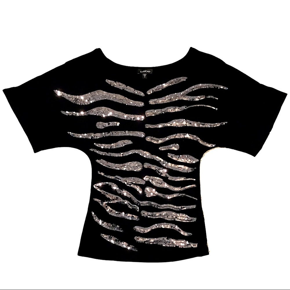 bebe Black Flutter Sleeve Top with Sequins